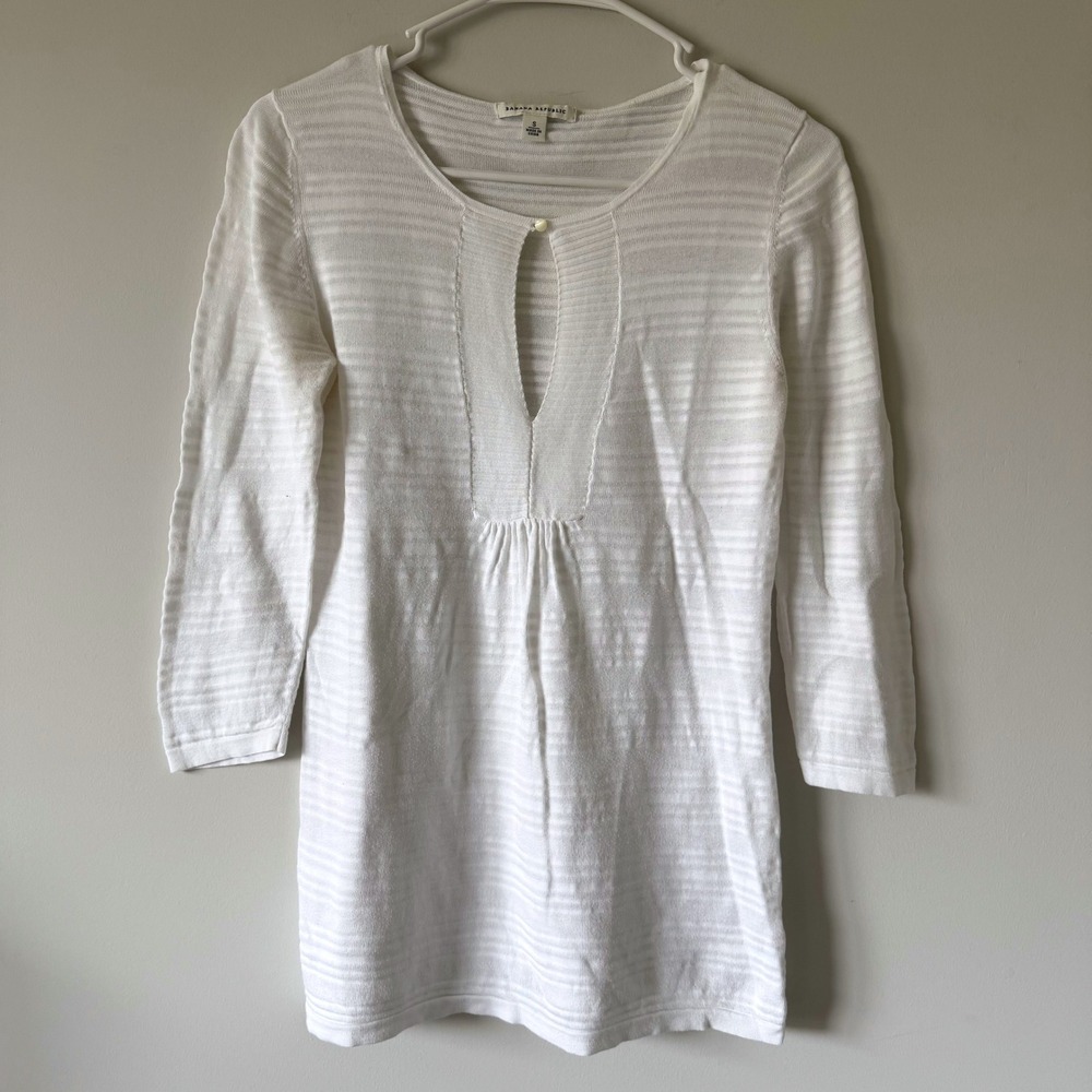 Banana Republic White‎ Cotton Striped Keyhole Neck 3/4 Sleeve Lightweight Top S